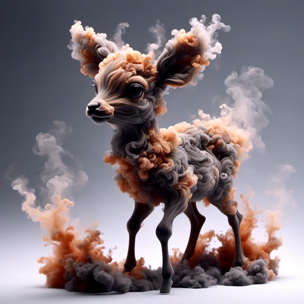 <lora:HRH-smoke-v2:1.0> hyper detailed three dimensional  cute fawn made entirely from smoke