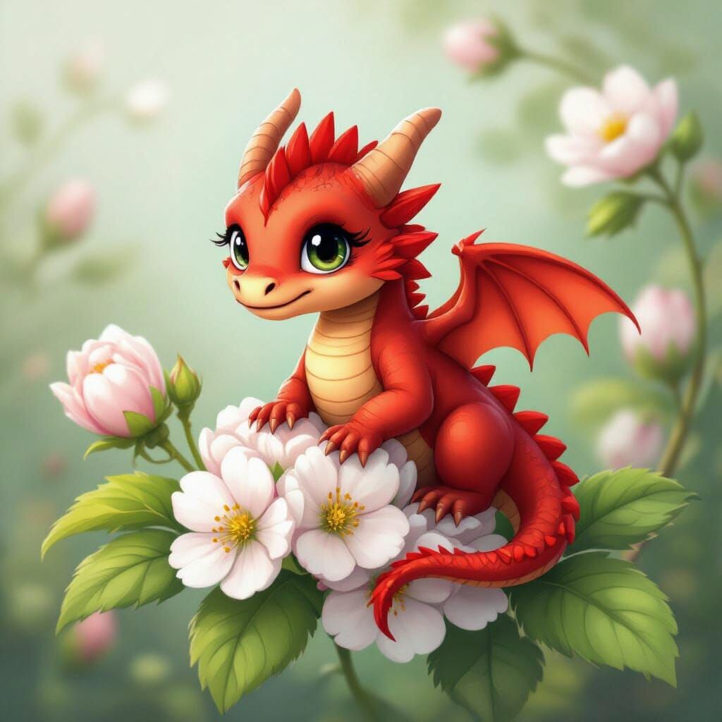Cute Red Dragon on Strawberry Blossom Tree