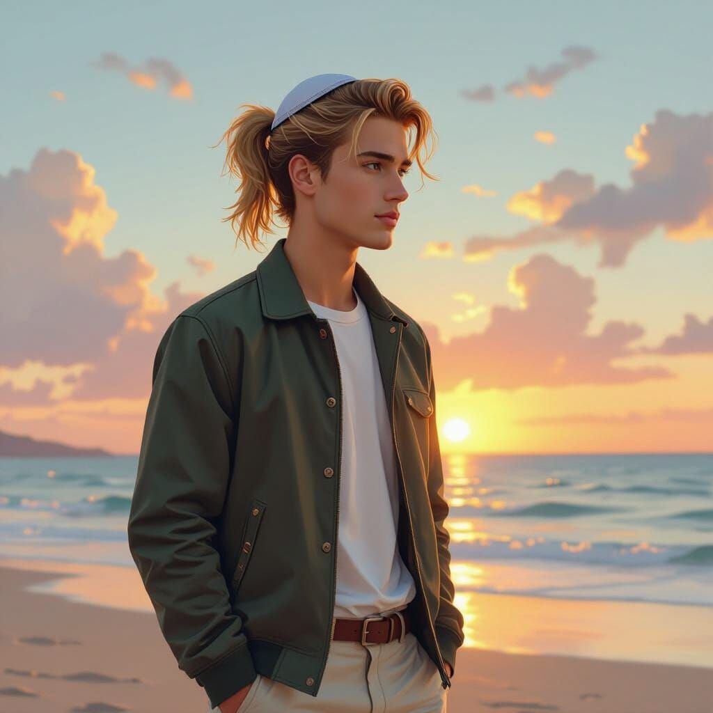 Orthodox Man on Beach at Sunset: Whimsical Art