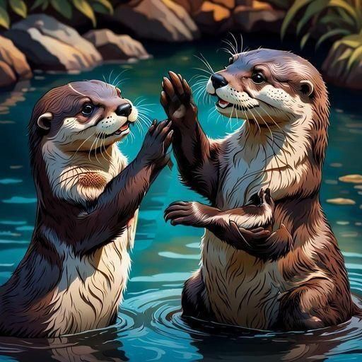 Two otters high fiving each other, Hyperrealistic, concept art, mid shot, intricately detailed, color ...  by @Robert 