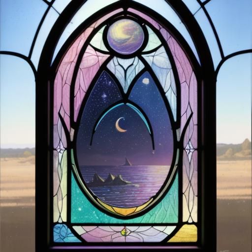 A pastel rainbow crescent moon stained glass window