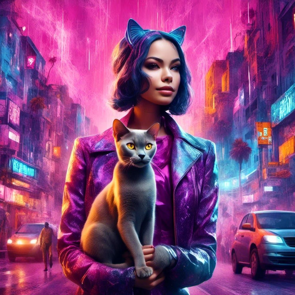 Futuristic Woman with Burmese Cats in Cyberpunk Cityscape