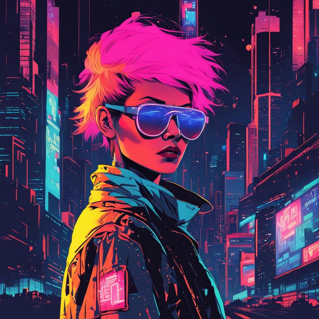 a woman who doesnt care anymore. splash art, new wave, neon ...