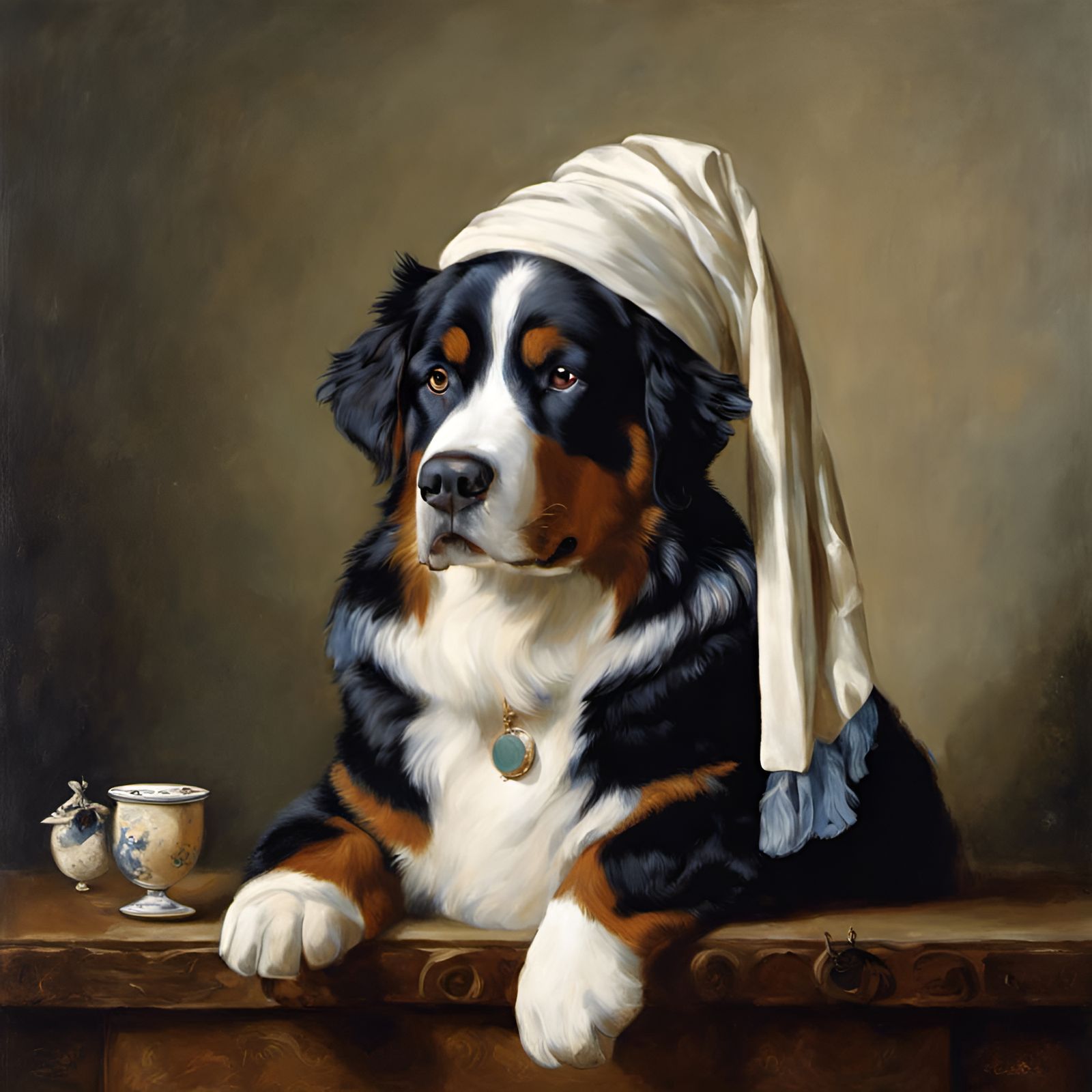 Bernese Mountain Dog wearing a Pearl Earring, by the Dutch artist ...