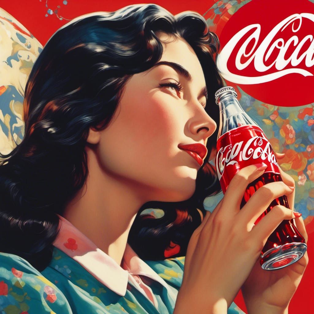 <lora:Color the Enexpected:1.0> A close-up image of a woman drinking from a Coca-Cola bottle, showcasing her enjoying the beverage. She has...