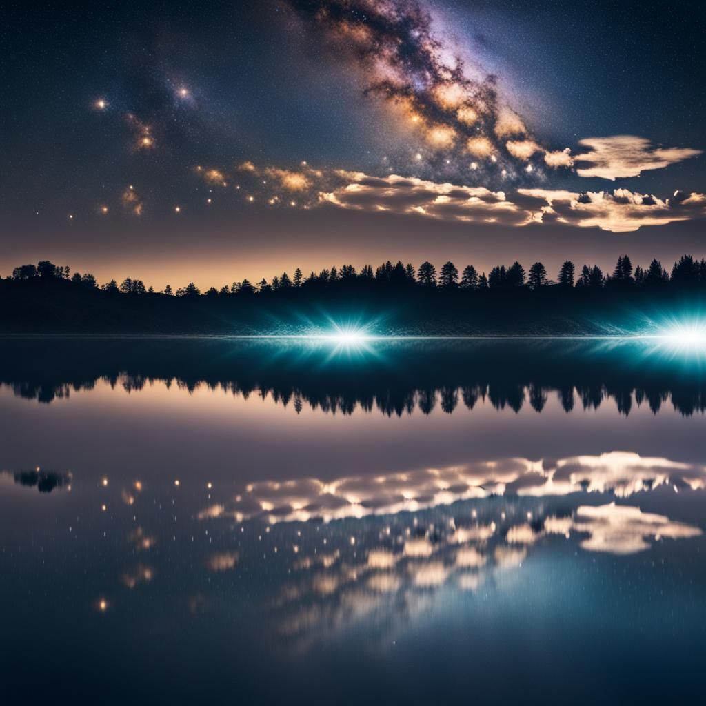 Shiny water surface, magical reflection nigthsky, milkyway