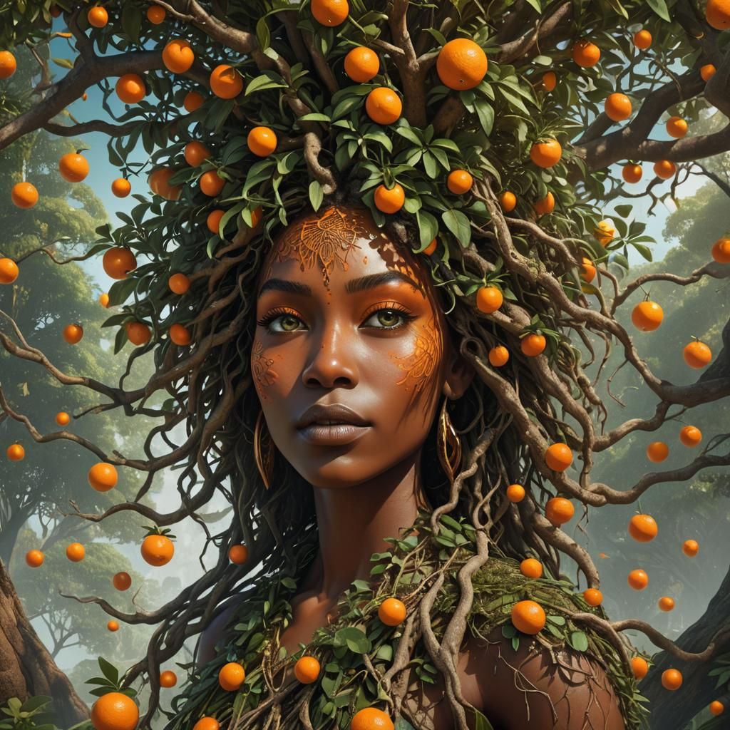 A photo realistic digital illustration of a floating island, a orange is growing in the middle of the orange emerges a ultra detailed Nubian...