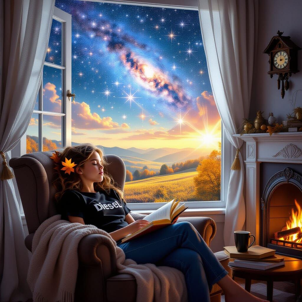 A fireplace, a panoramic window, and beyond it—golden autumn under an azure sky, curtains see-through. ...  by @Veresk