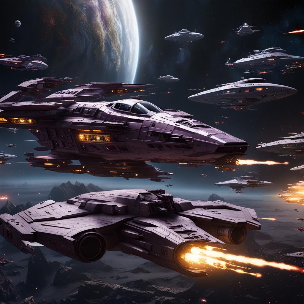 Battlestar Galactica in space surrounded by viper fighters and alien ...