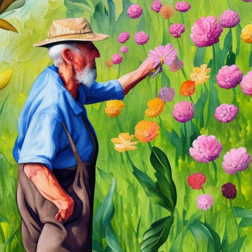 Old man picking flowers, in Gouache Style, Watercolor, Museum Epic Impressionist Maximalist Masterpiece, Thick Brush Str...