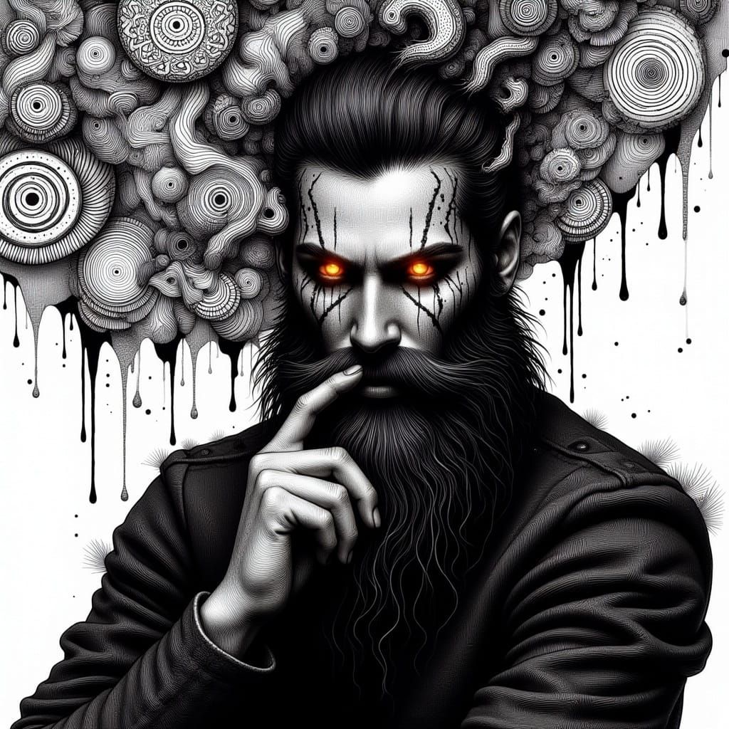 An alternative man. Zentangle. Ink drips. Dynamic lighting <lora:AlternaInk:1.0> 