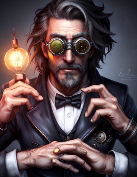 realistic rendering, Mad Scientist in his Laboratory, steampunk goggles ...