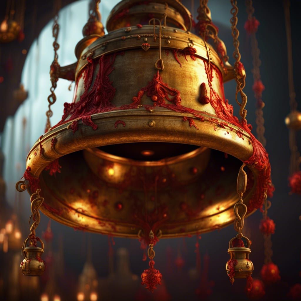 huge gold old bell hanging, with glowing red sad faces attac...