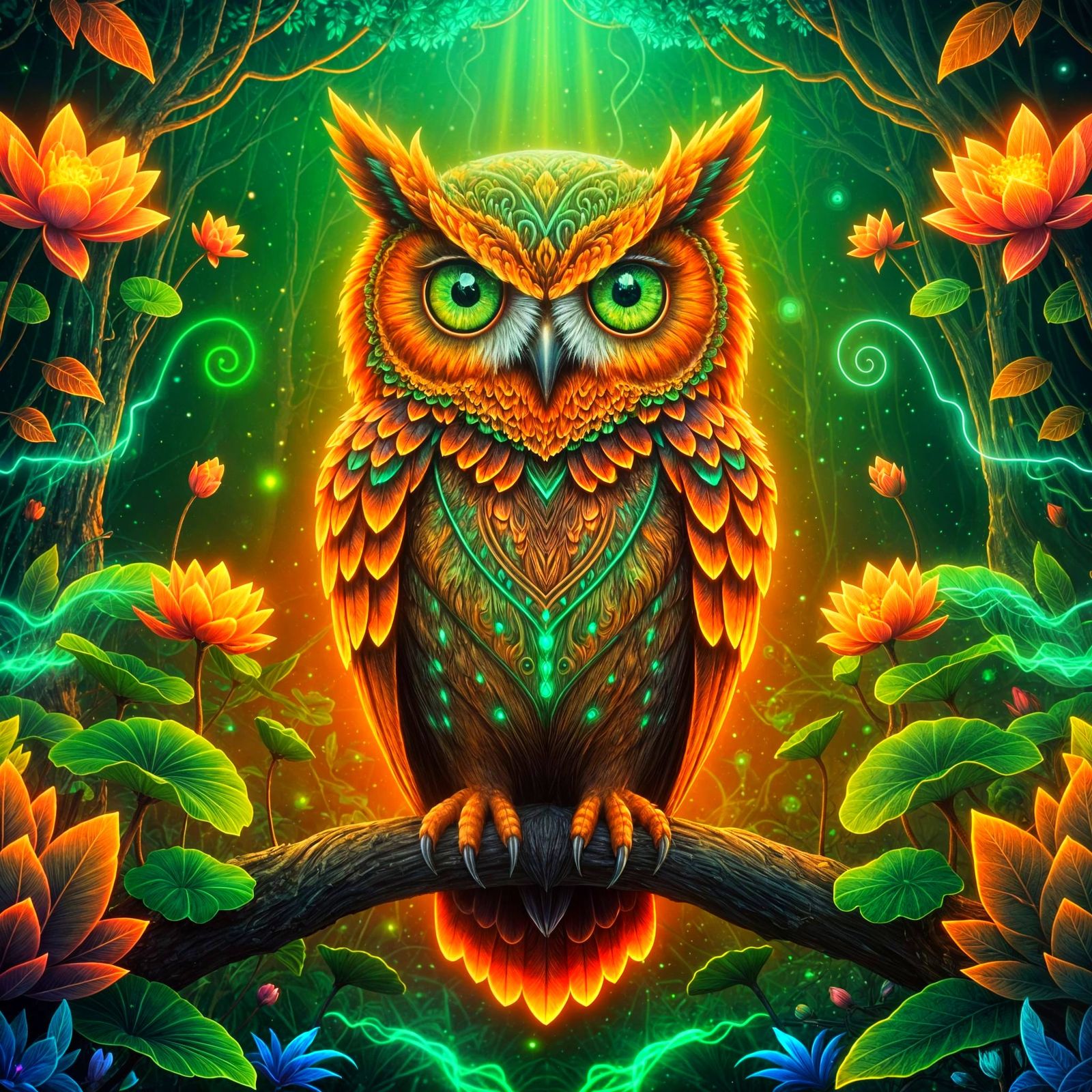 A majestic, surreal owl perched on a glowing branch in a psychedelic forest. The owl is adorned with ...  by @Jelly Frozen