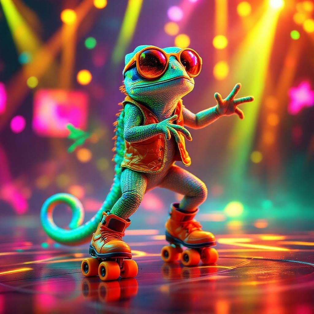 A hyperrealistic, vibrant disco scene drenched in neon green and glowing orange hues. At the center of ...  by @MythsCreator