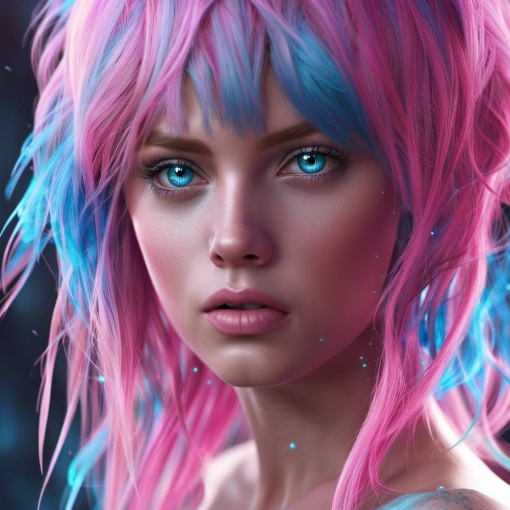 Half Pink blue split hair girl and pink blue eyes - AI Generated ...