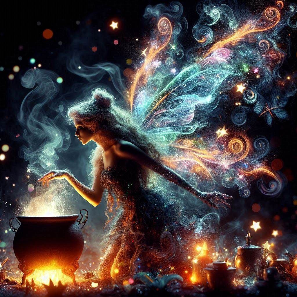 Magical fairy making spells over a smoking cauldron