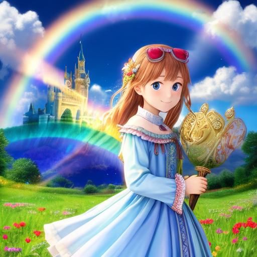 Fairies and Castle Under Rainbow After Rain