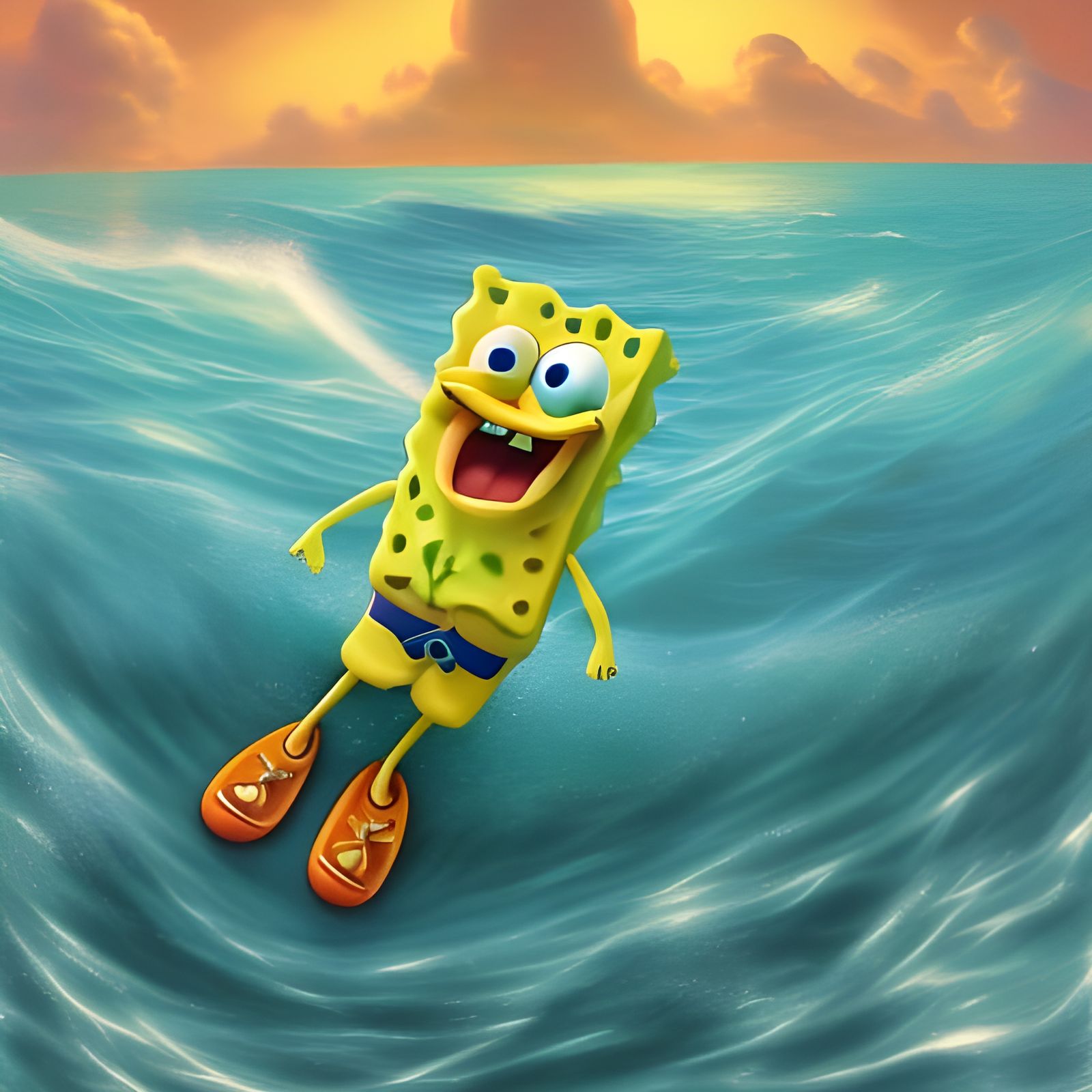 SpongeBob SquarePants walking on the ocean.