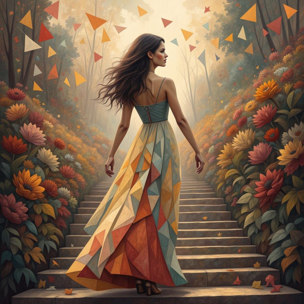 a graceful woman wearing a long dress on a stair <lora:Geometrika:1.0>