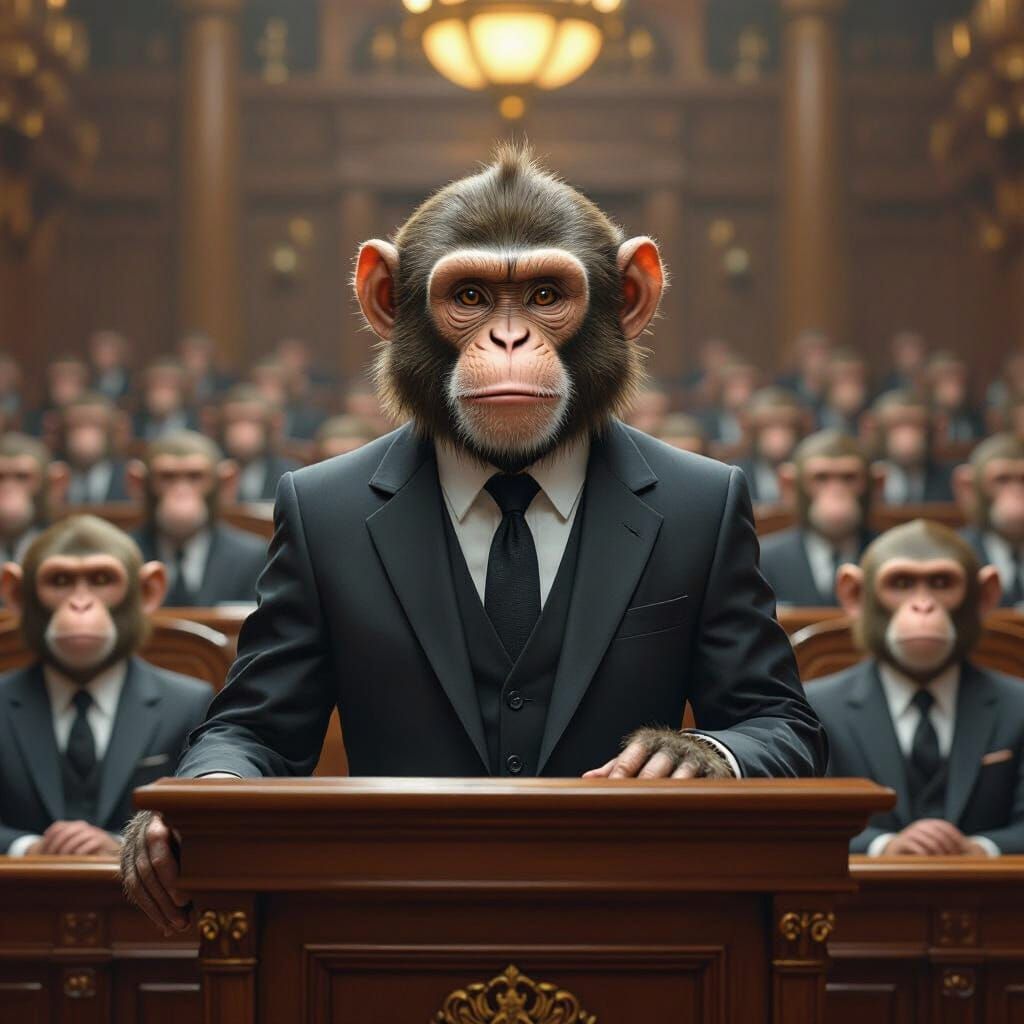 A monkey dressed in a suit and tie with combed hair stands at a podium and speaks in parliament like a president, and behind him sit stern, ...