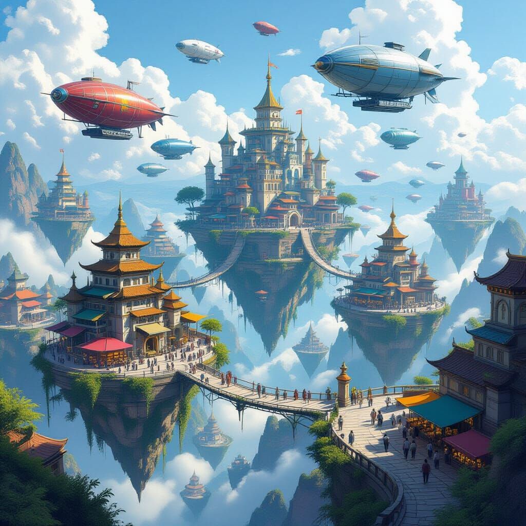 A bustling marketplace built on a series of interconnected, floating islands, each with unique architecture ranging from ancient stone to fu...