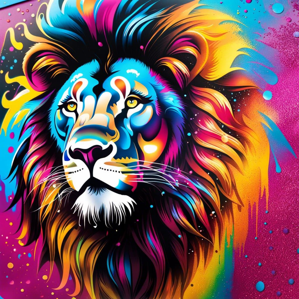 Glitter Lion, glittery, graffiti art, splash art, street art, spray paint, acrylic, high contrast, colorful polychromati...