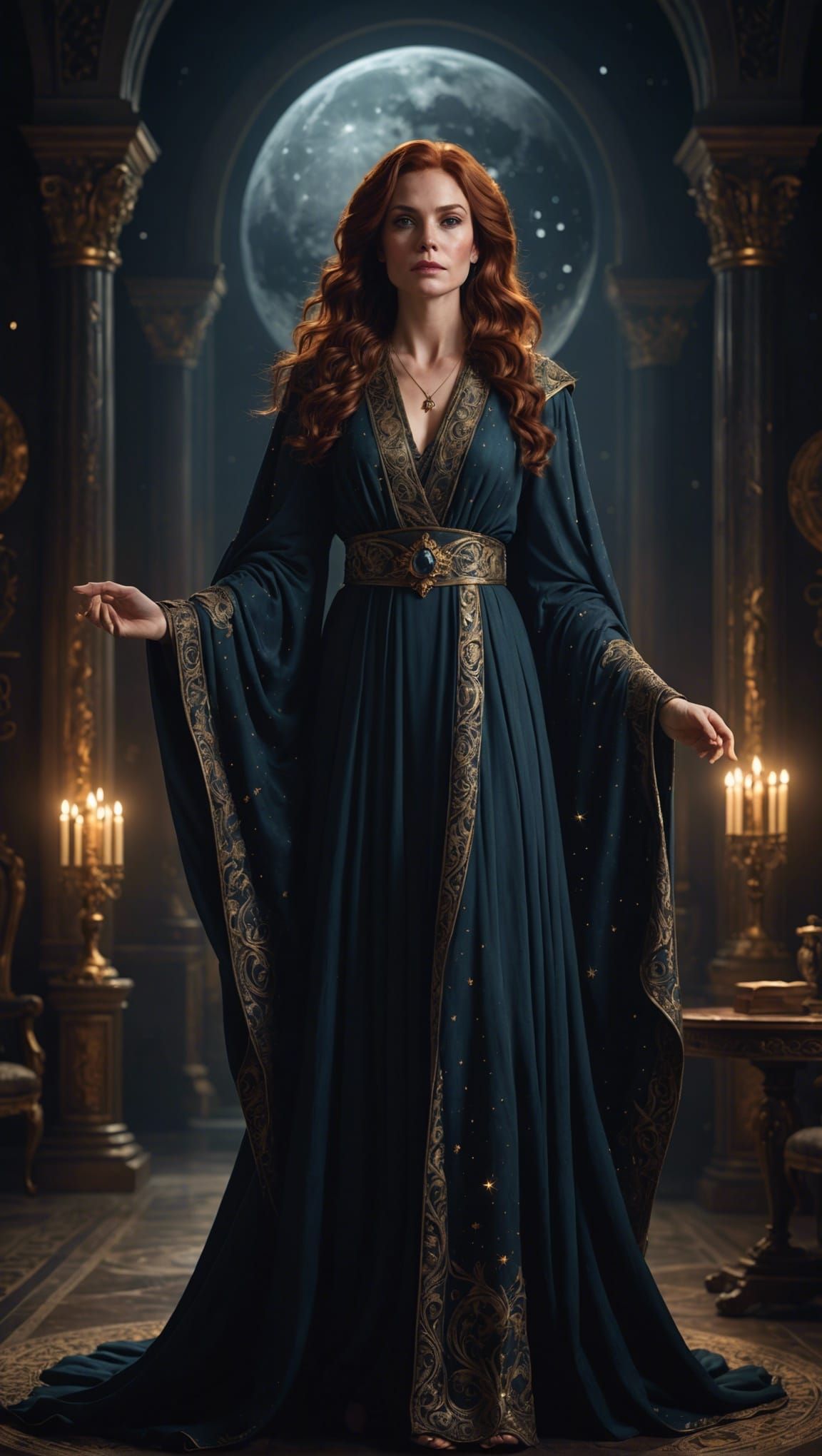 A Regal Woman With Auburn Hair, Dressed In Elegant, Flowing Robes. She 