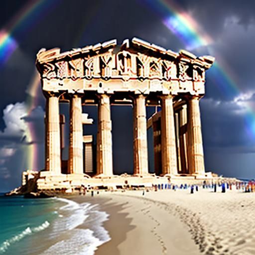 An octopus at beach near rainbow  in ancient Greek Parthenon...