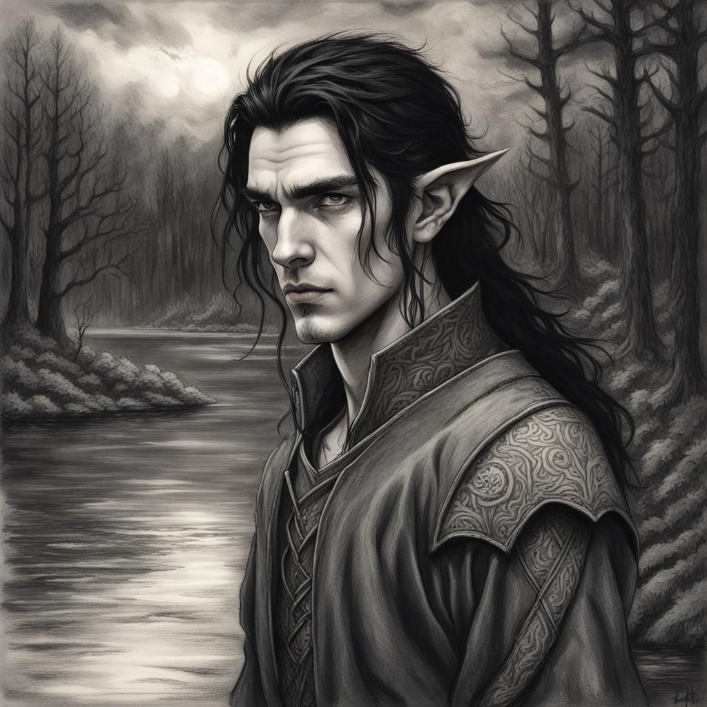 Male elf, pointy ears, long flowing black hair, amber eyes, fair ...