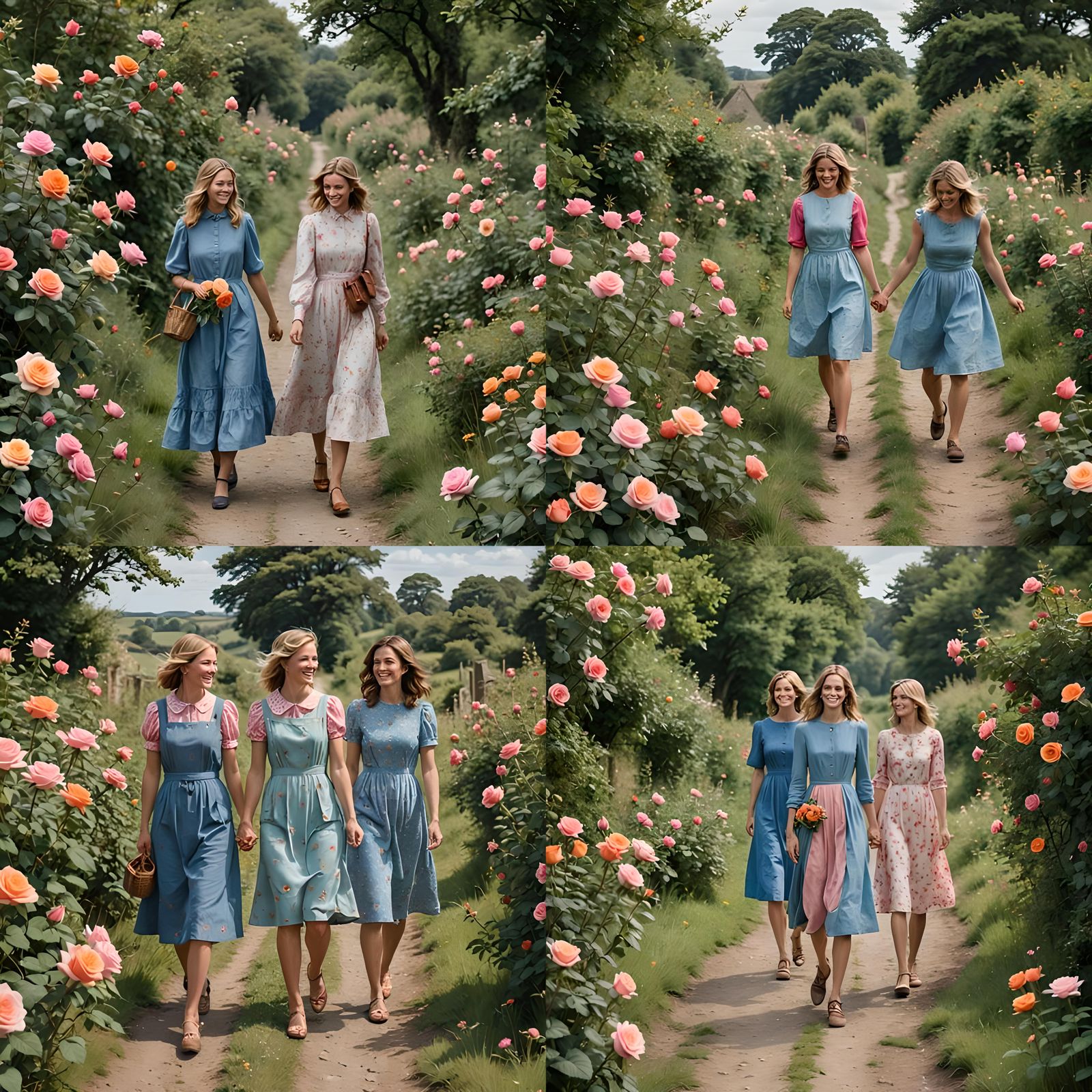 Three roses one red one pink one orange walking down a count...