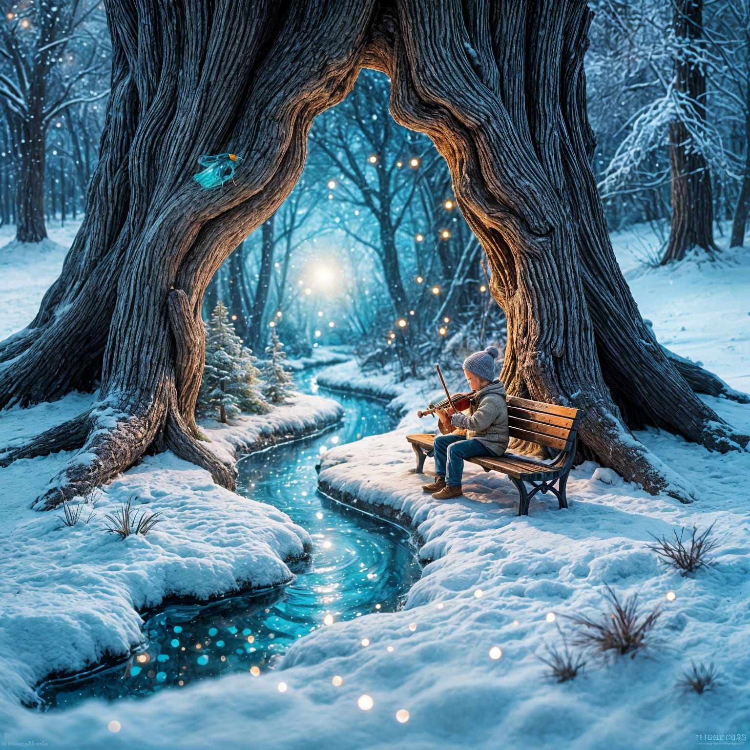 A surreal miniature world emerging from a tree trunk. From the cracked graphite core flows a river of sparkling black graphite, winding betw...