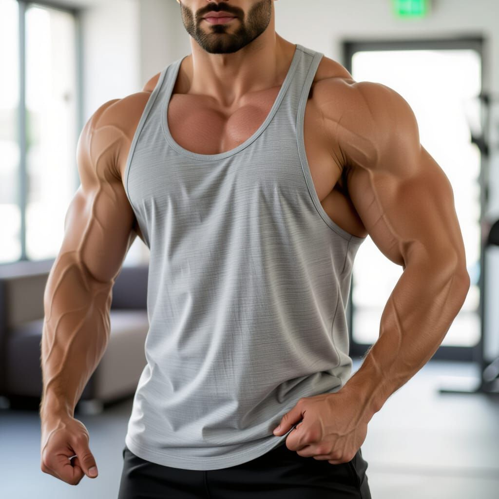 Proudly flexing after his workout  - Start Image 2