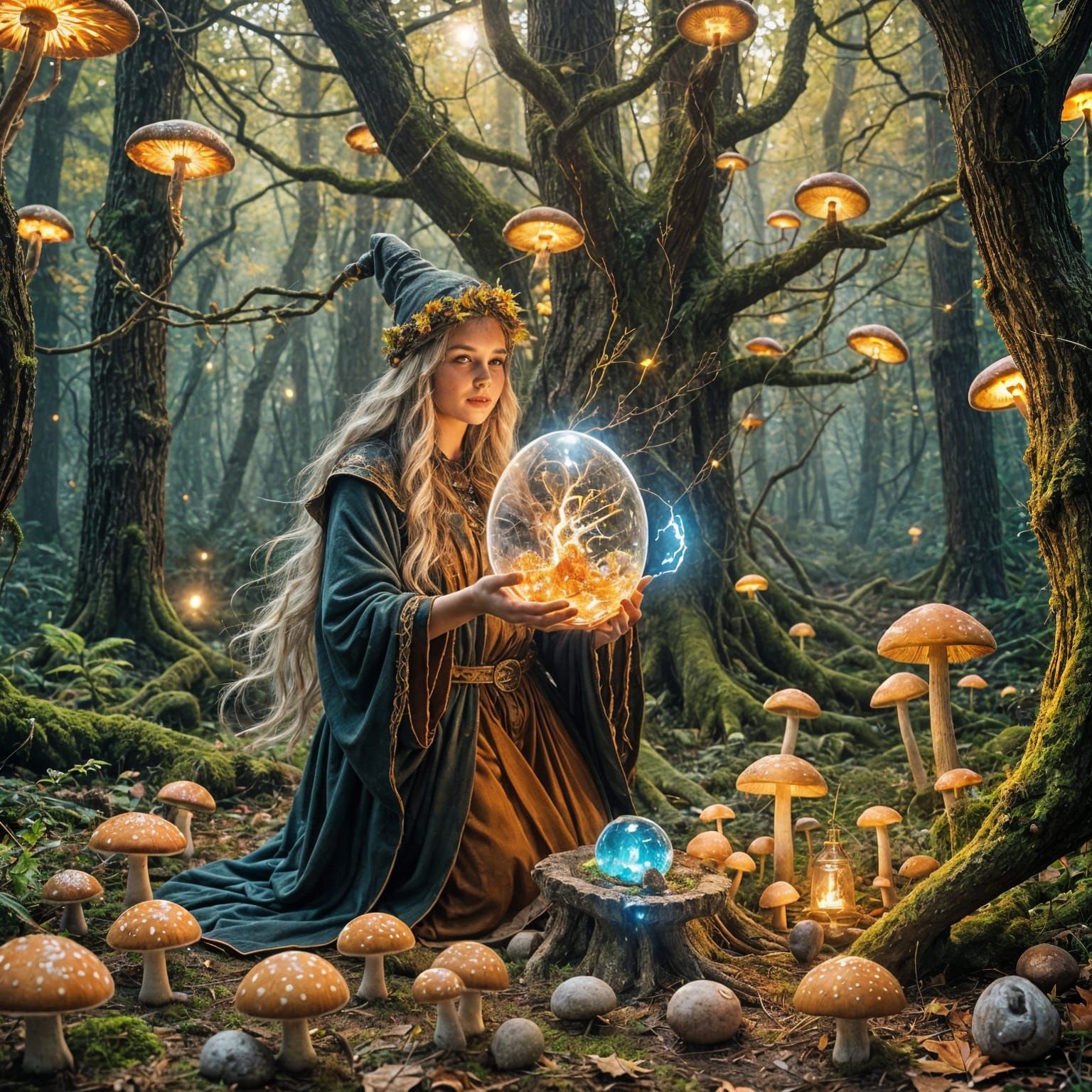 Autumn forest, magic electricity is in the air, the mycelium...
