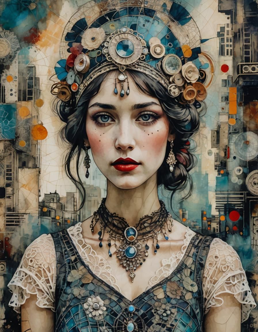 1920s Girl in Encaustic Mixed Media Portrait