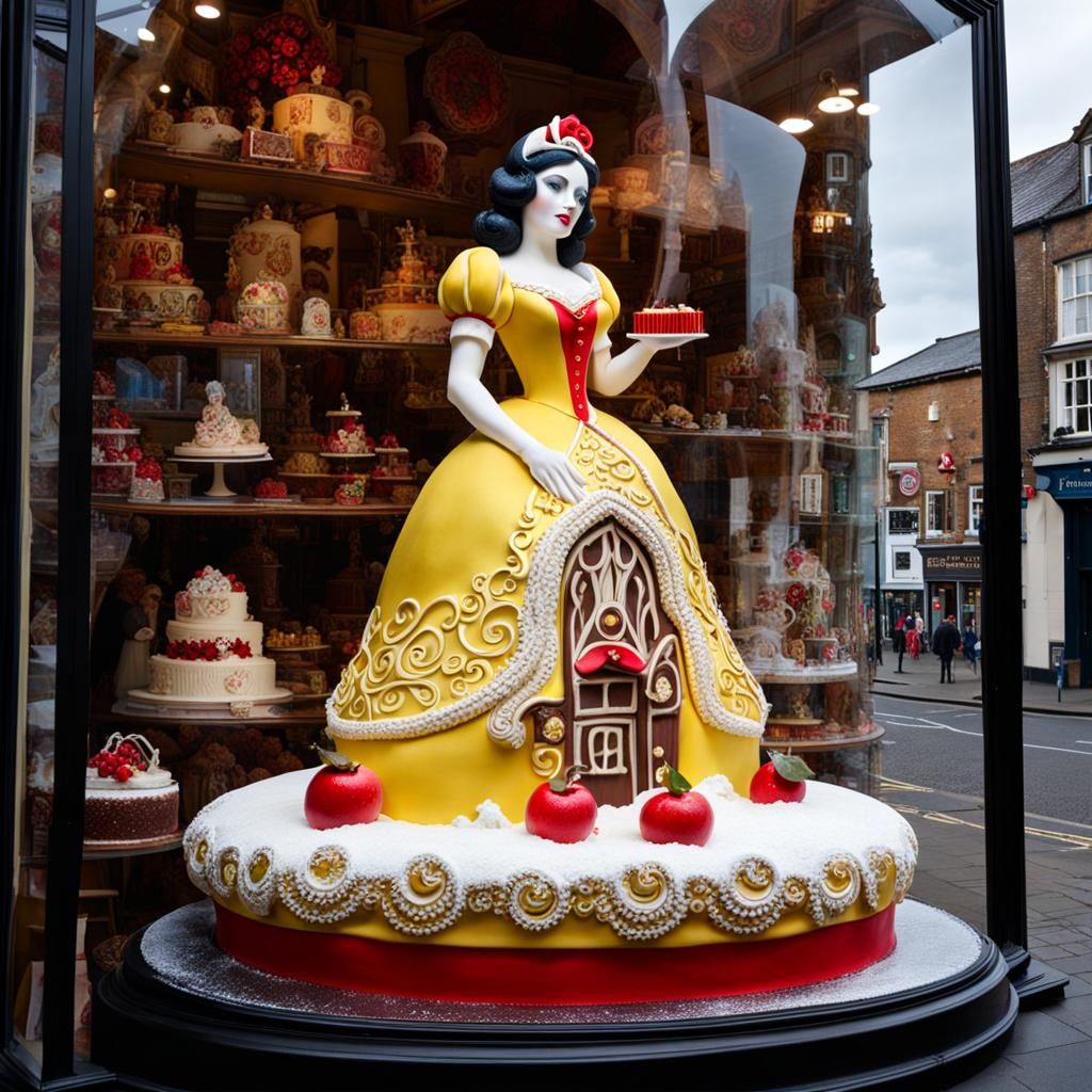 Giant Choccywoccydoodah Snow White cake sculpture in shop window