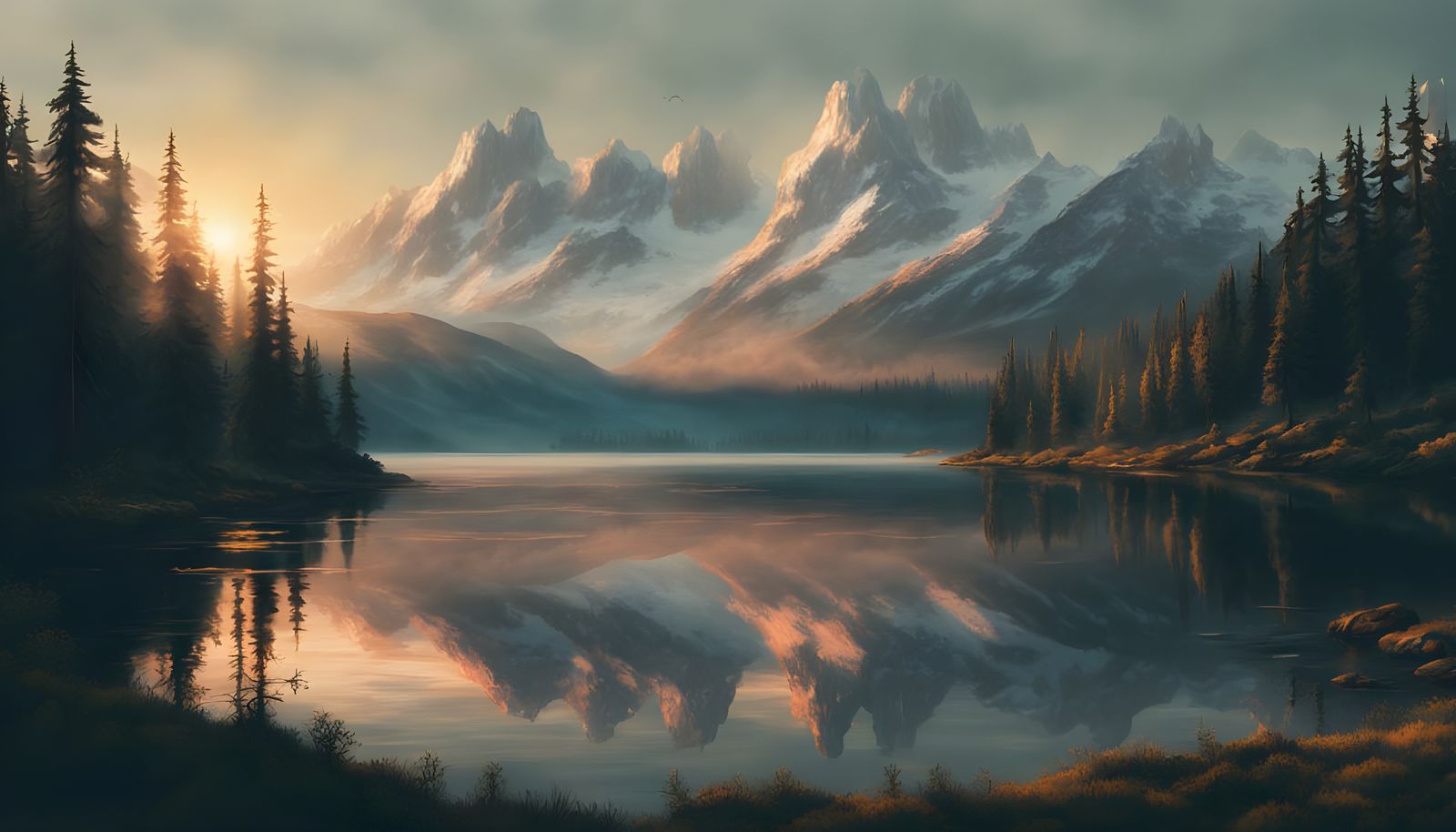 Sunrise Lake Landscape in Impasto Style