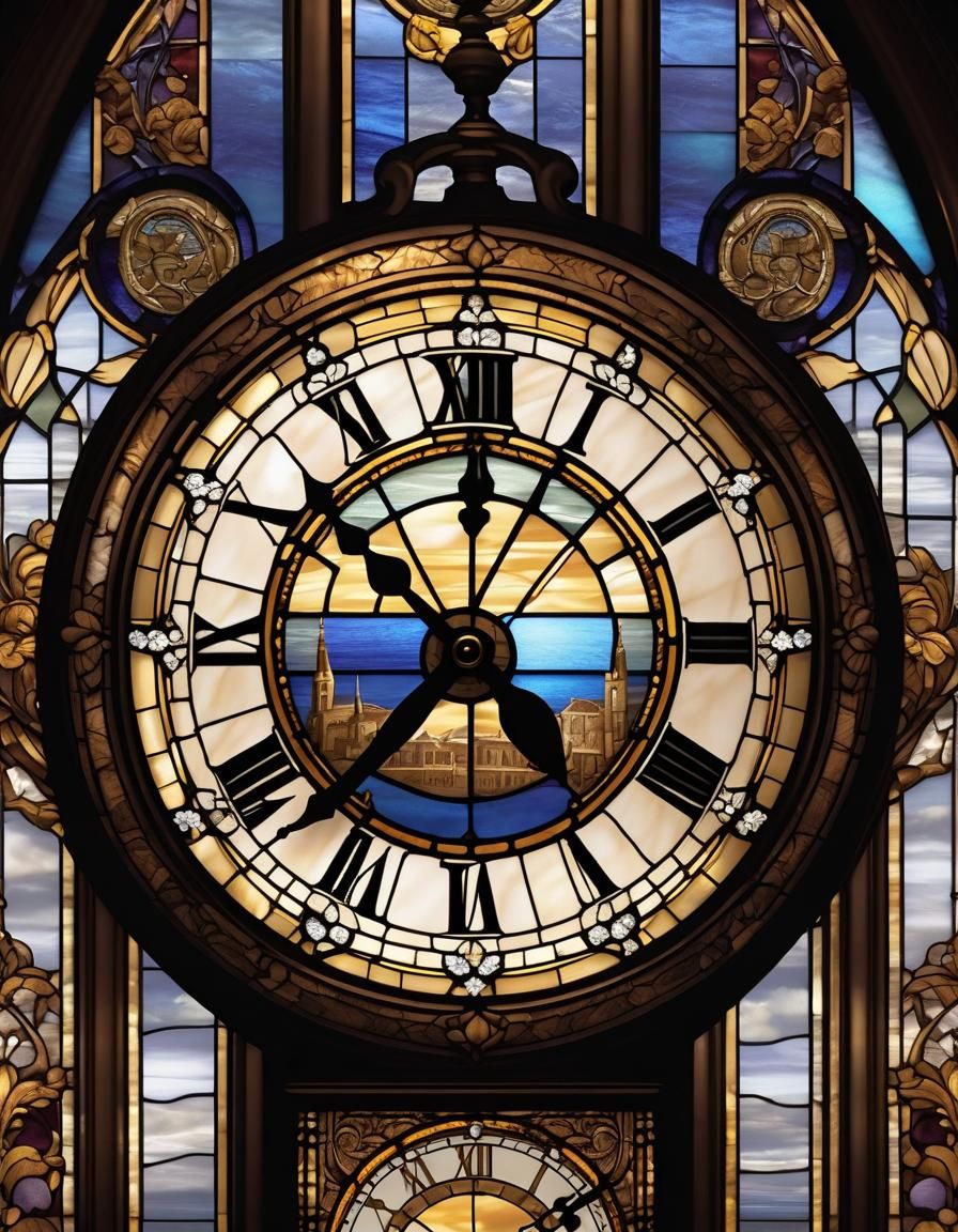 Stained glass clock, seaside village