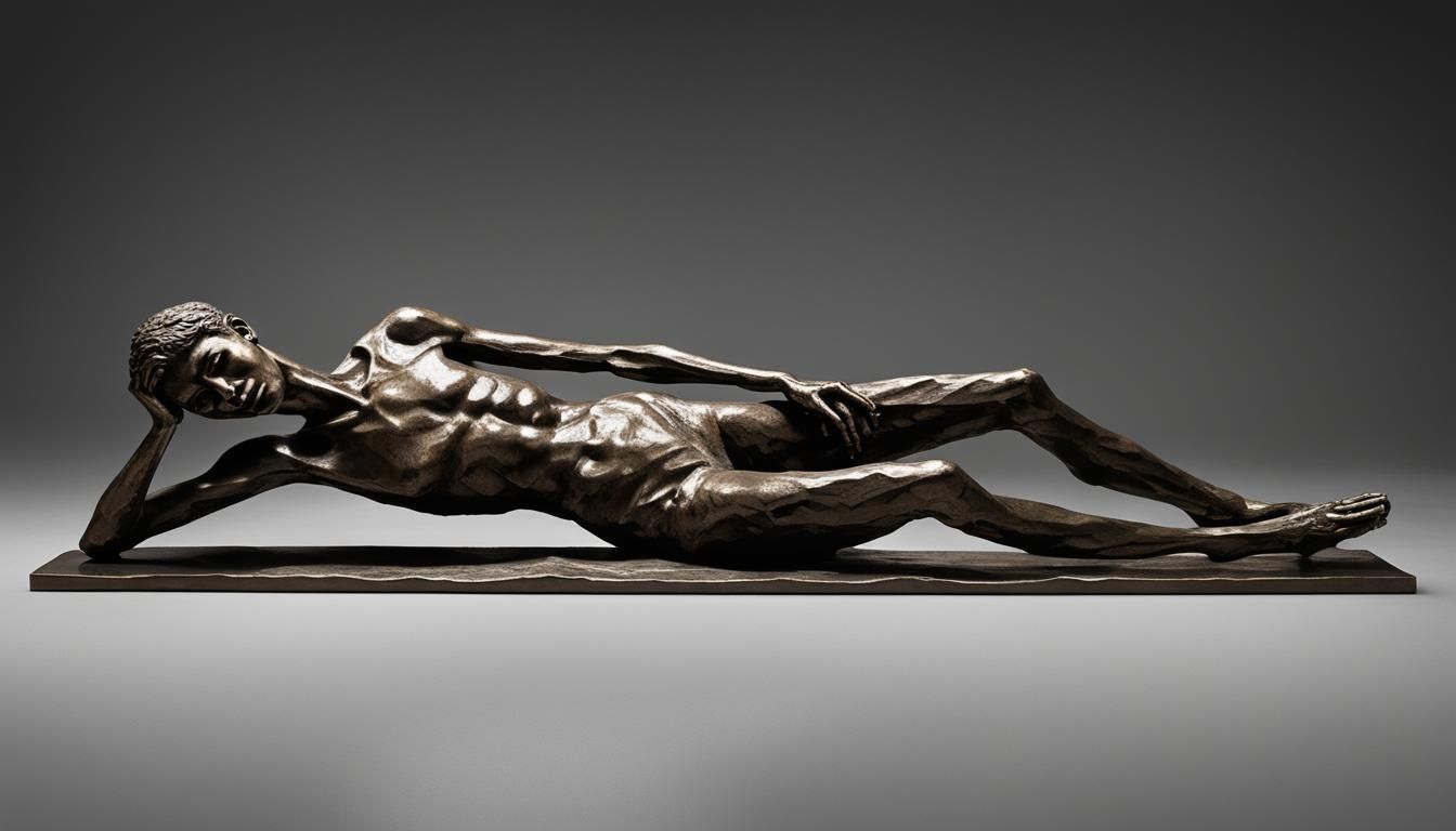 l'homme qui chavire, en 1958, sculpture allongé et étiré en longueur en bronze, 30 1 8 x 13 x 12 3 4 po, à la façon d'Alberto Giacometti_