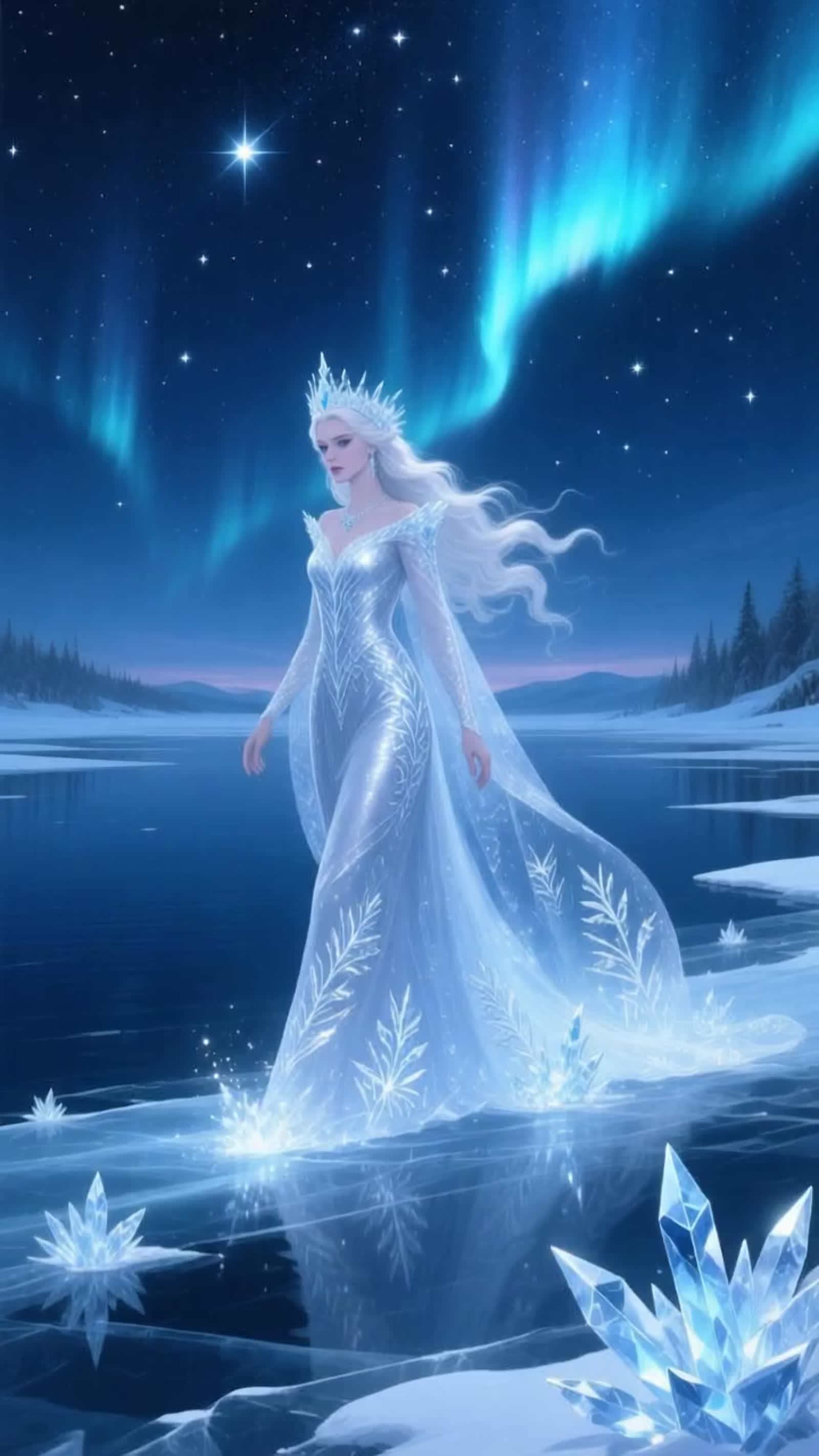 4b 1 fantasy art. medium shot. The Snow Queen walks across a frozen lake. The night sky is filled with stars. Her steps ...