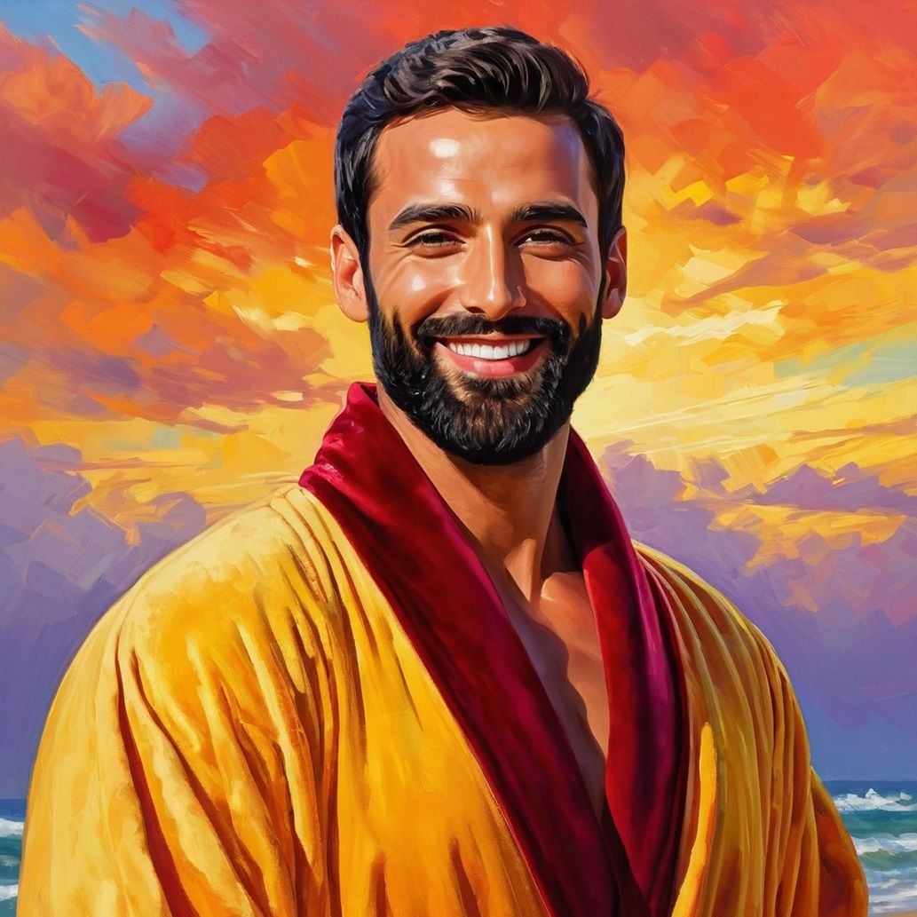 A handsome man with black    hair and beard wearing a    yel...