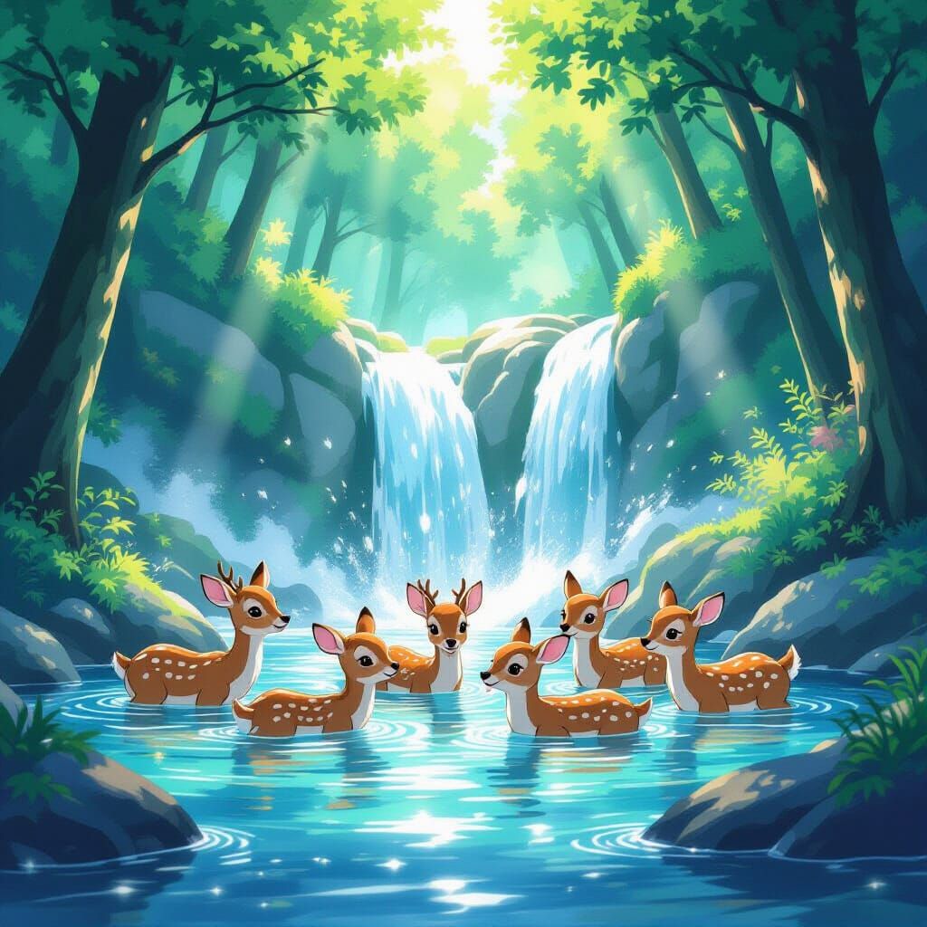 Cute Deer Herd Bathes in Forest Waterfall
