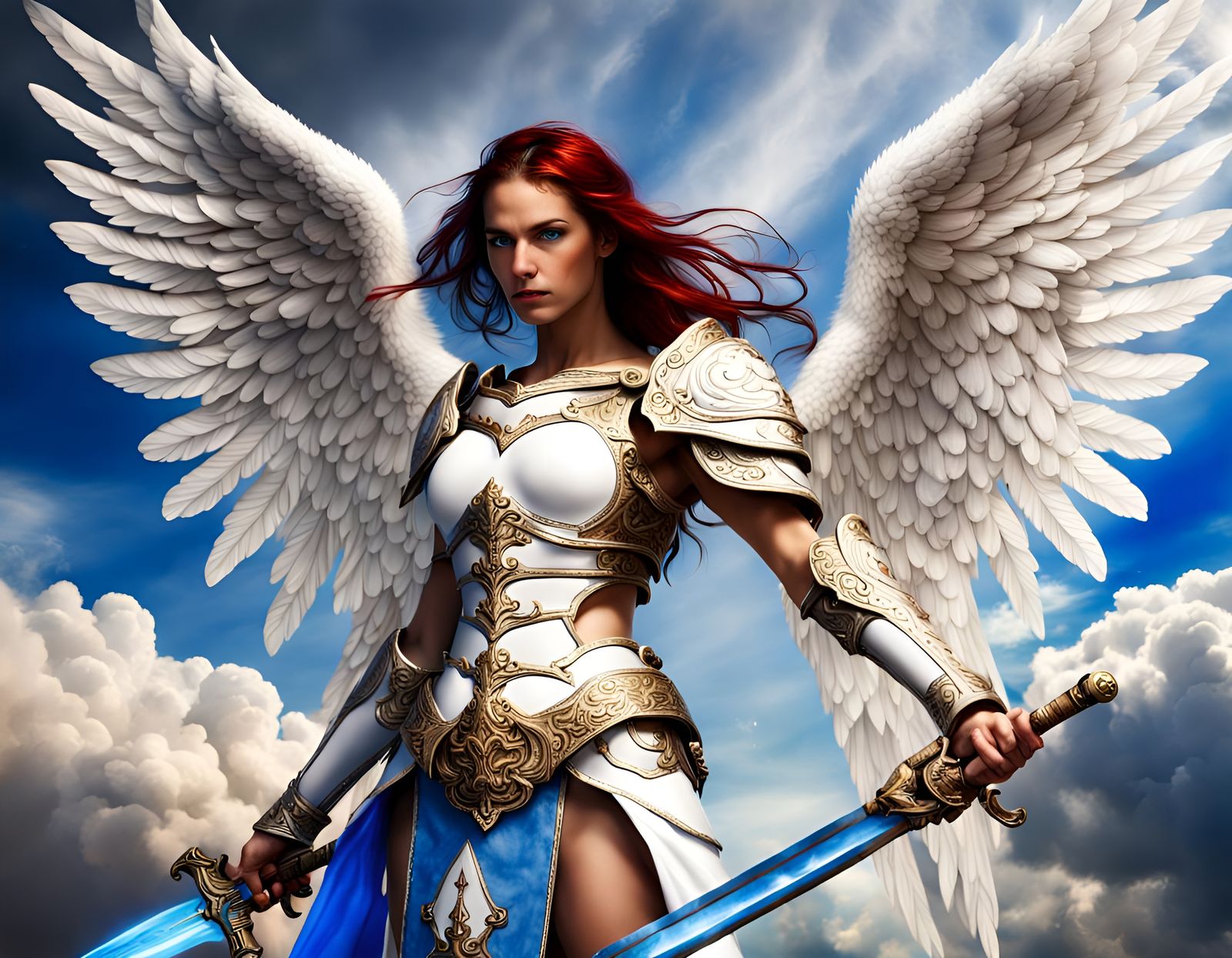 Female warrior angel with ornate white armor and blue fiery sword. Background is clouds.