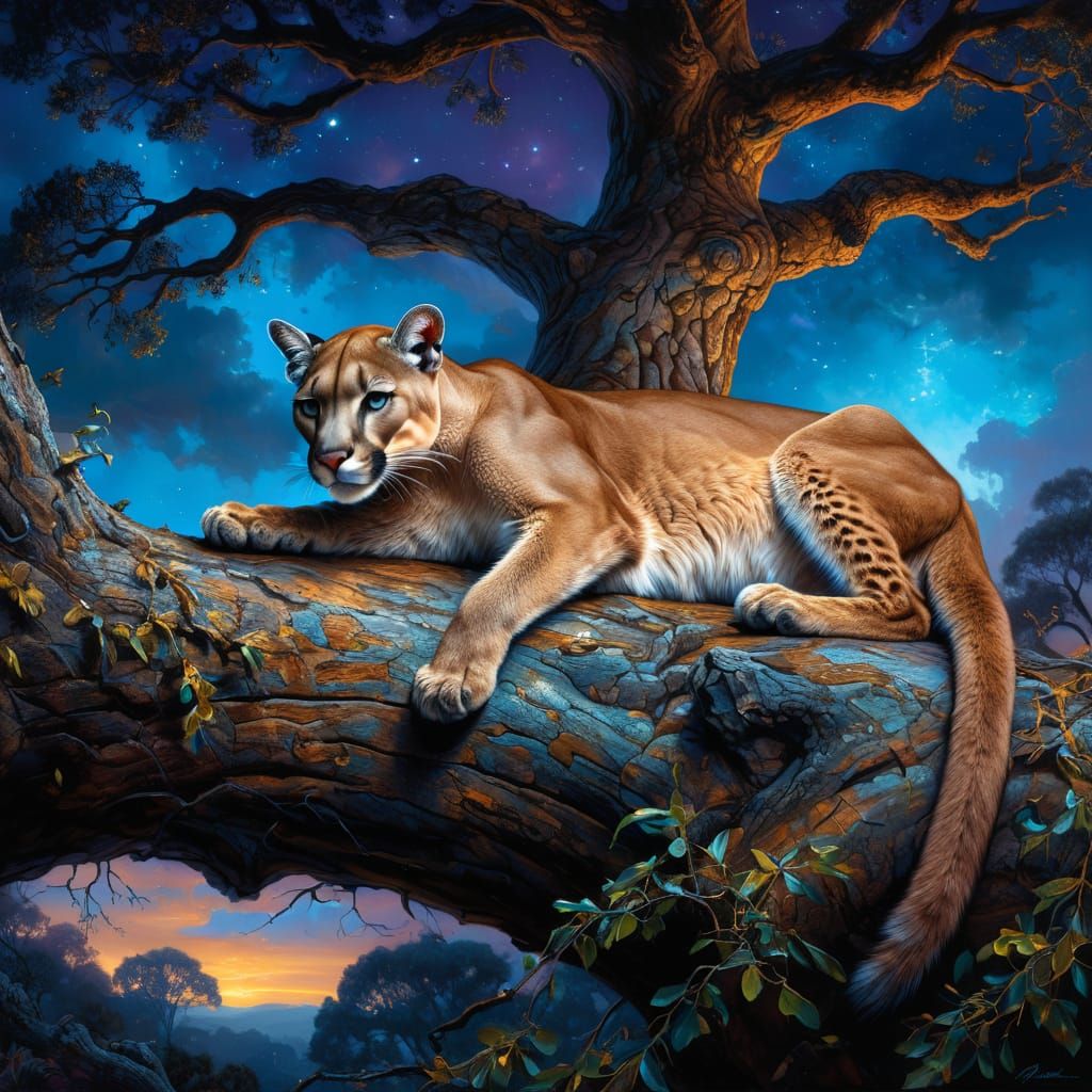 A Puma laying under a gnarly oak tree