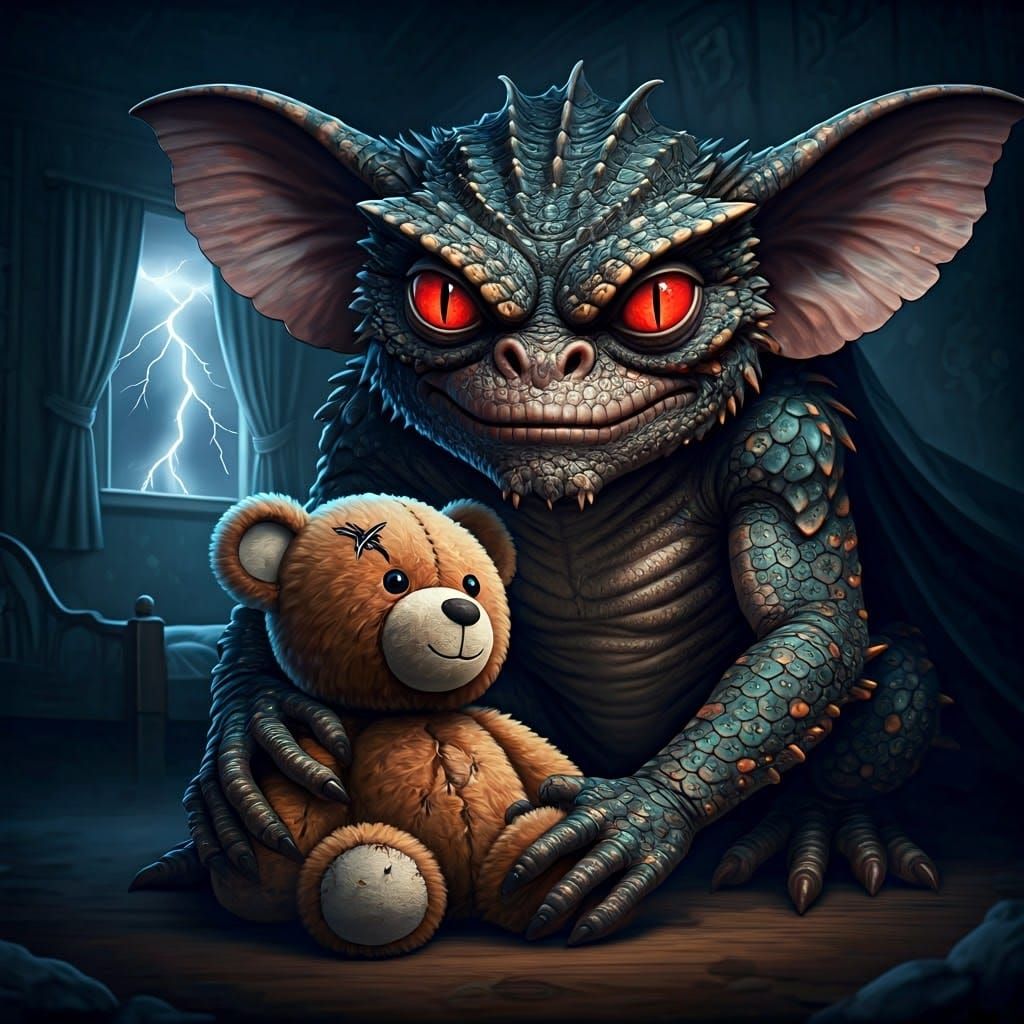 A Gremlin monster hugging his teddy during a storm  by @Blue 