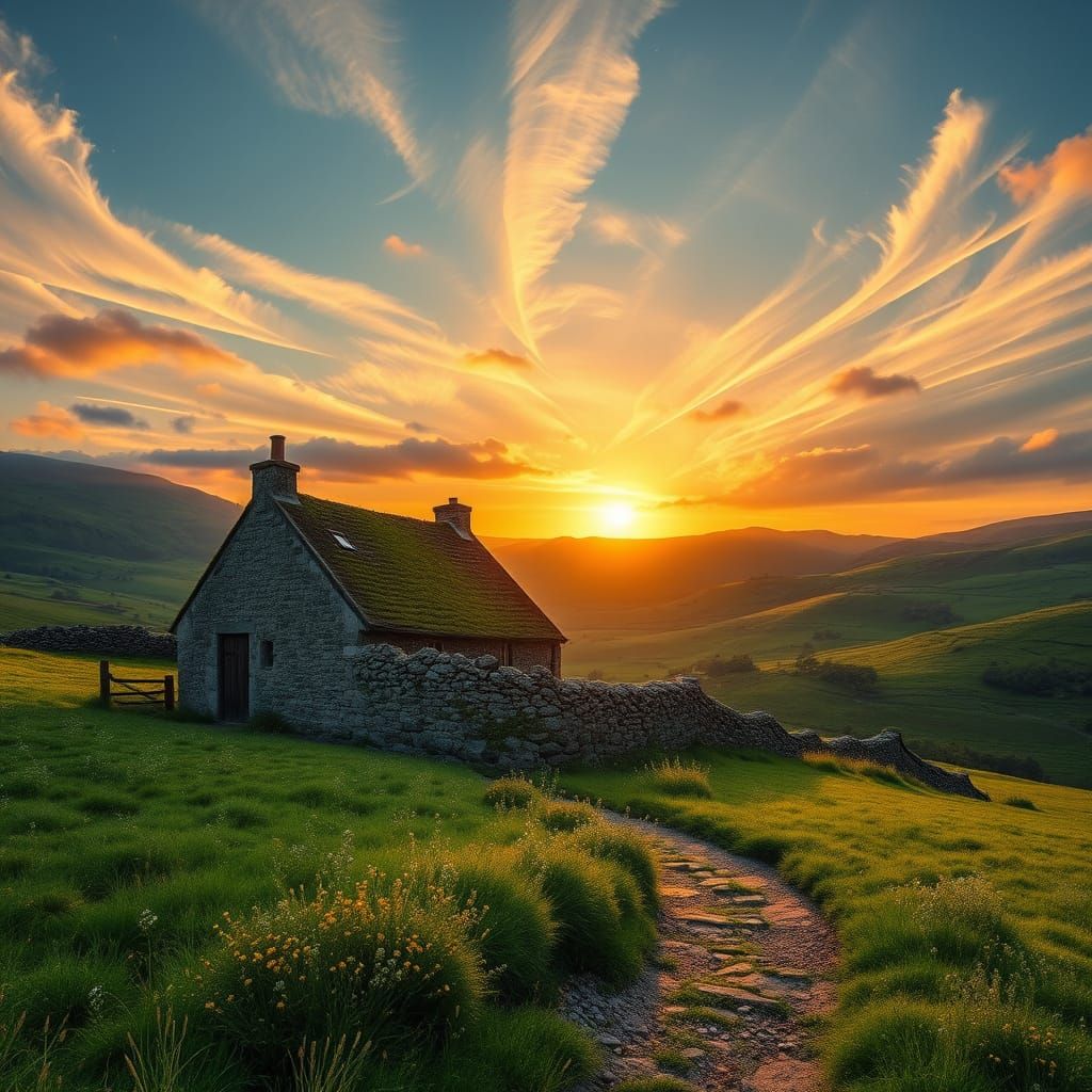 A lone farmhouse stands amidst rolling hills and lush green pastures, set against a warm, golden sunset ...  by @ericB
