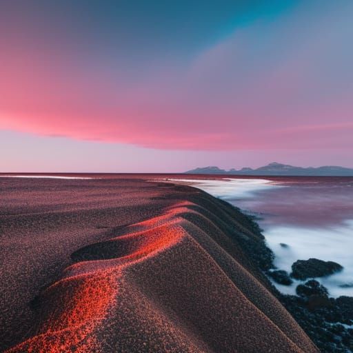 Volcanic rock beach at sunset