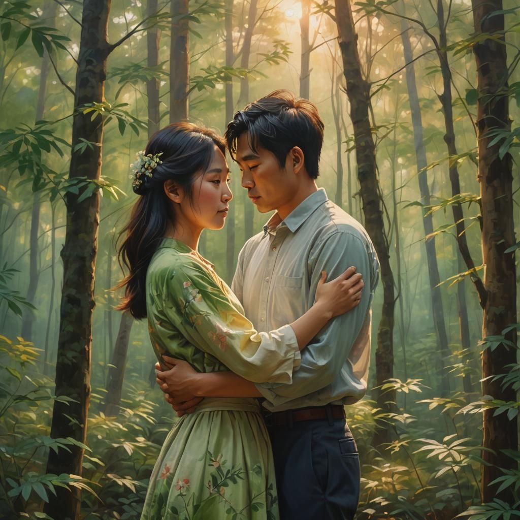 Romantic Realism: Asian Couple in Forest at Sunset
