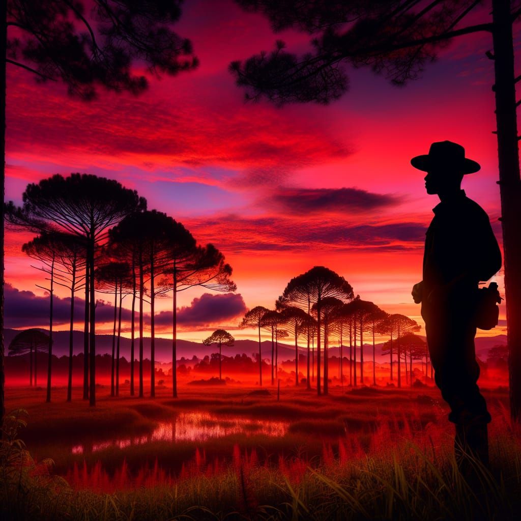 Scenic sunset of a pine Forest, evening, clouds, red shadow ...