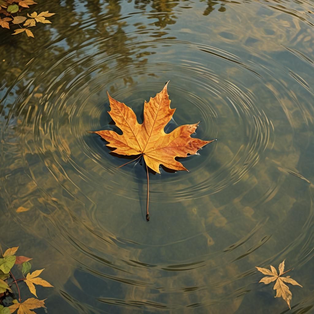 An autumn leaf falls onto a serene pond making ripples on the water ...